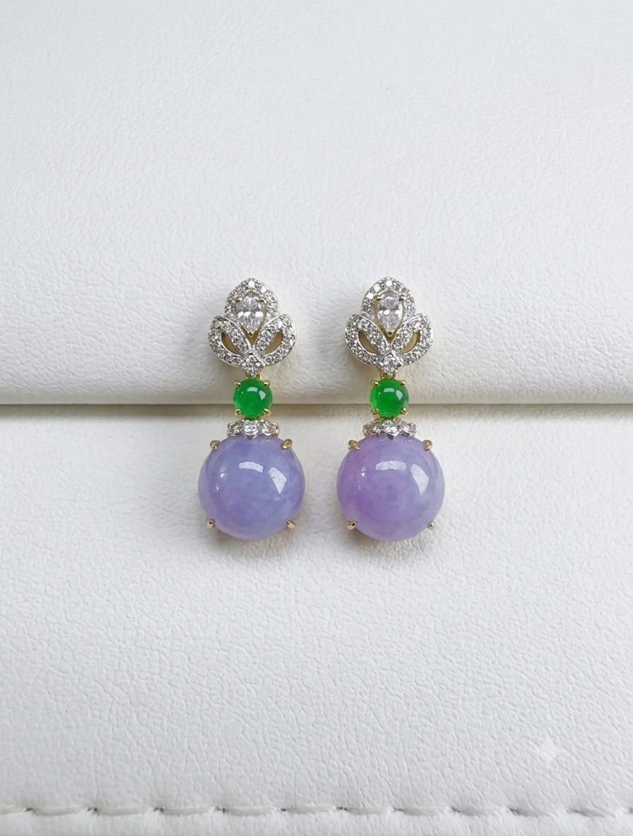 Lavender and green jade drop earrings with diamond accents